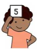 Cartoon image of a child with curly hair, and an orange shirt. They are holding a card with a number five on it up to their forehead.