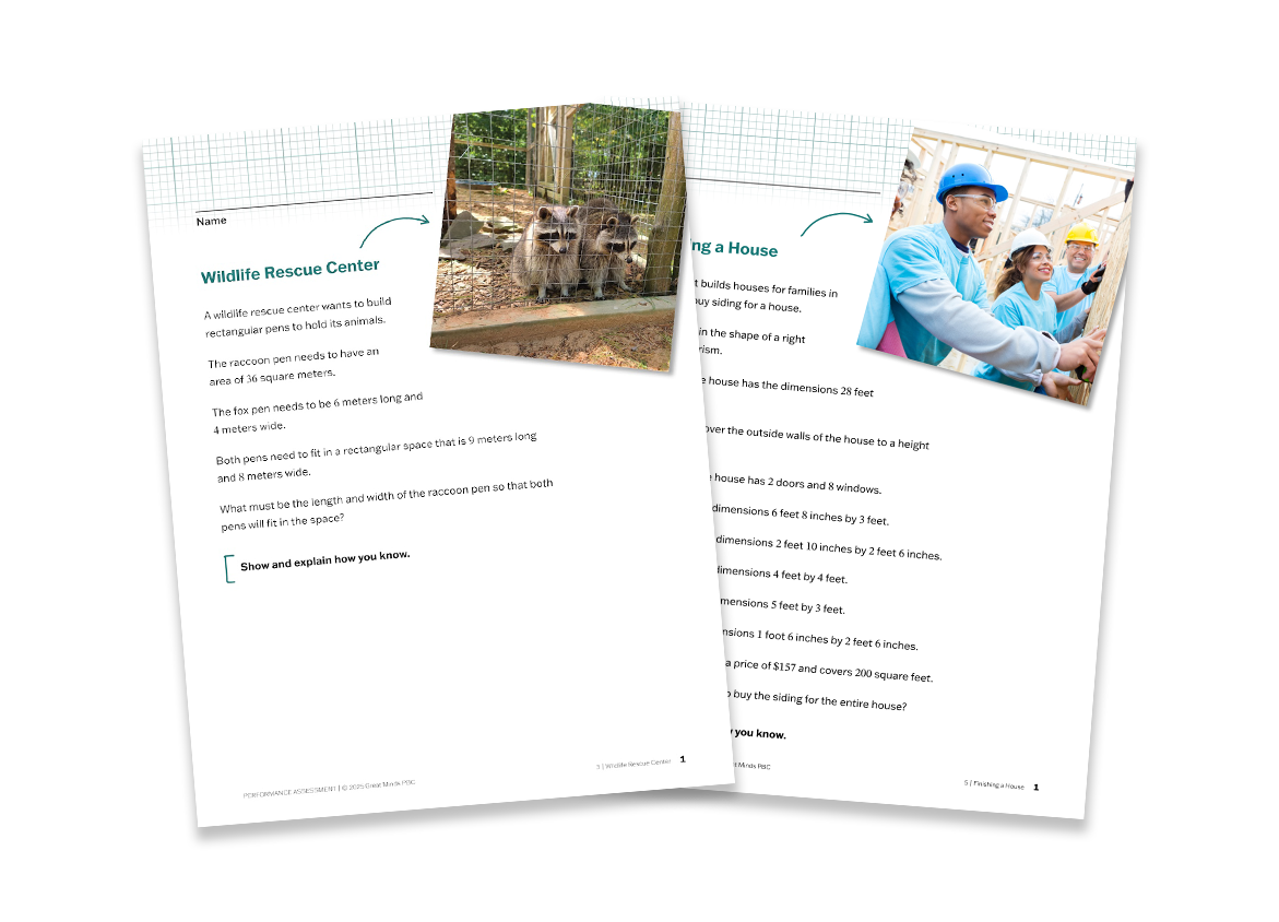 Two documents next to each other showing Performance Assessments from grade 3 and grade 5. Both show text and an image related to the context. Two documents next to each other showing Performance Assessments from grade 3 and grade 5. Both show text and an image related to the context.