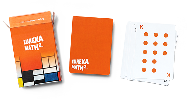 Three images of Eureka Math Squared playing cards. The card box with Eureka Math Squared logo (left), the back of the playing cards (center), and a pile of playing cards with King with 10 orange dots.
