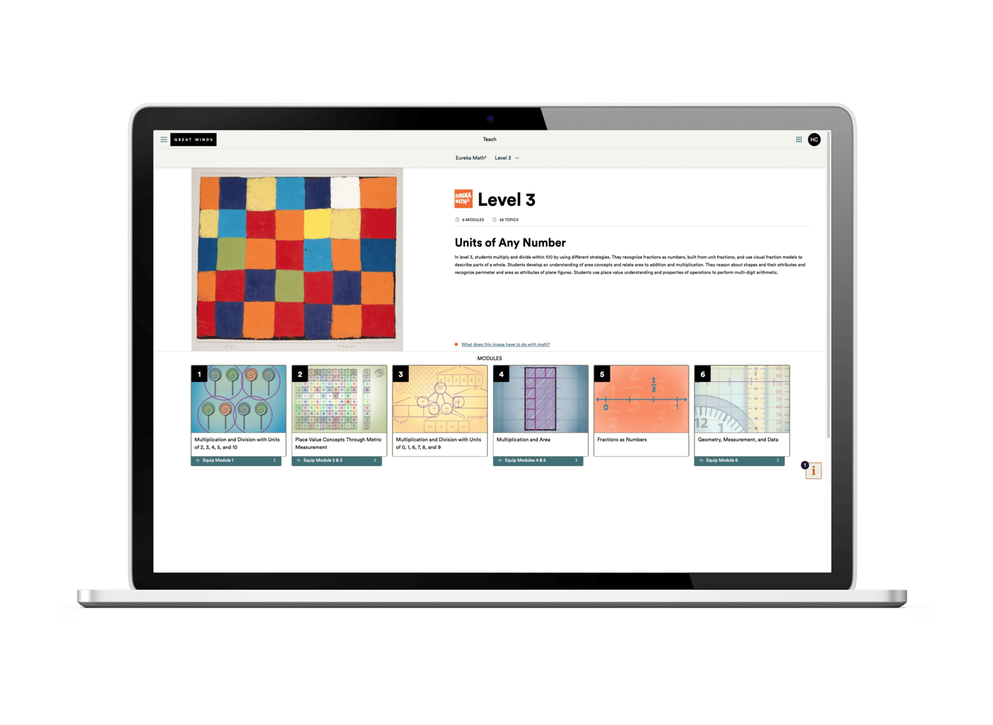 A laptop image showcasing a screenshot from the Great Minds digital platform for level 3. 
