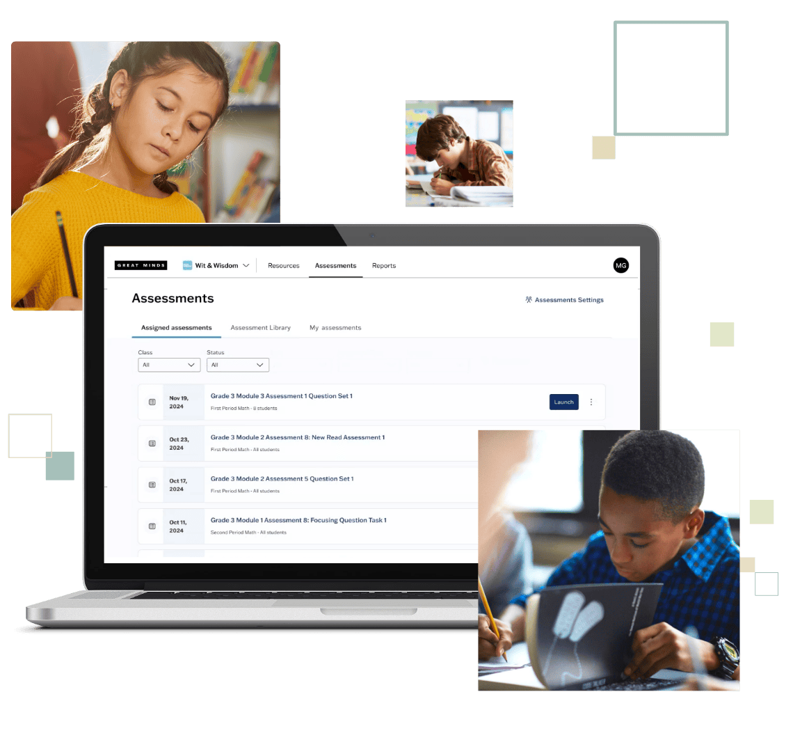 Image of a laptop surrounded by other images showing students writing